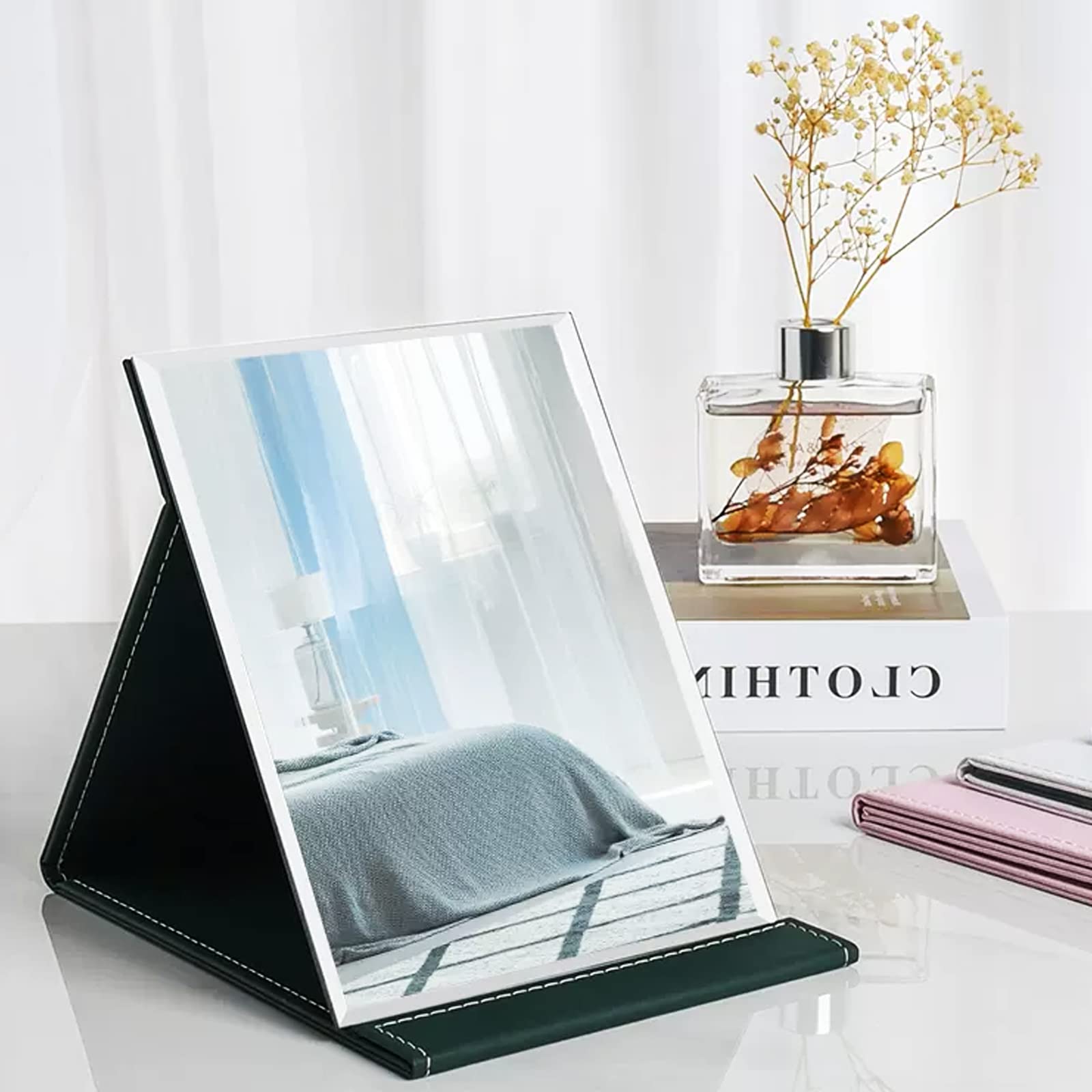 WISYOK Specchio da Tavolo Portatile Pieghevole - Specchio da Viaggio Con Pelle PU, HD per Campeggio, Bagno, Trucco - 25x18cm (Nero)