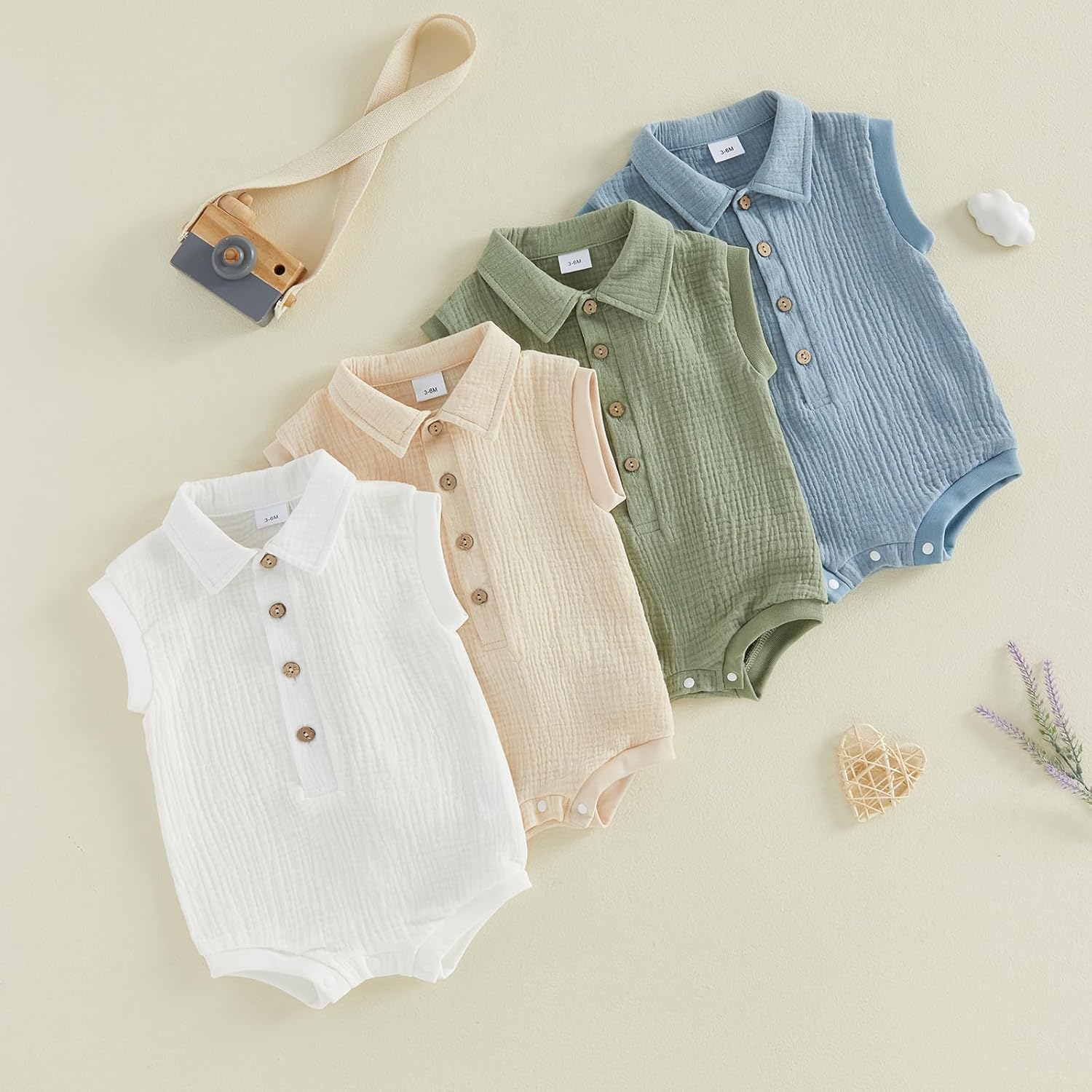 Honganda Newborn Baby Boy Cotton Linen Romper Short Sleeve Lapel Collar Button Down Jumpsuit Summer Solid One Piece Outfit