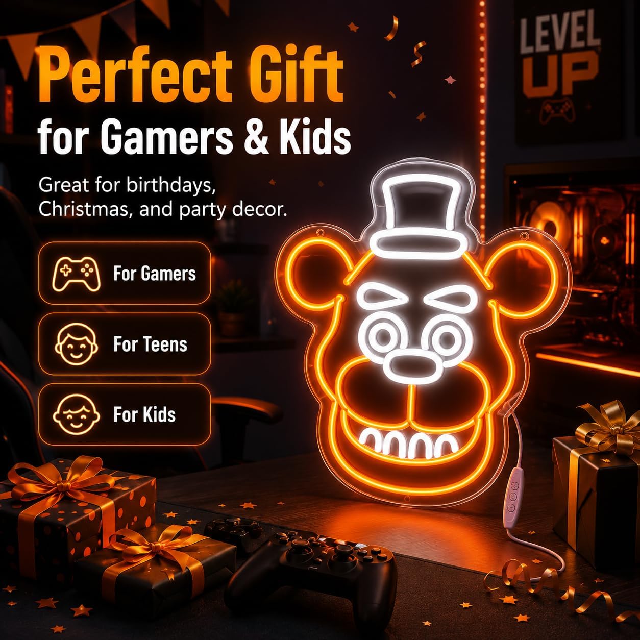 Bear Neon Sign for Game Room Decor, Orange LED Neon Light for Wall, USB Powered Gaming Wall Decor for Bedroom, Bar, Dorm, Kids Room, Gamer Gift for Birthday Christmas
