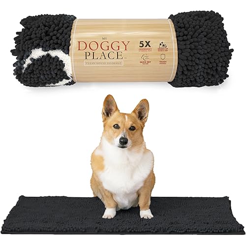 My Doggy Place Microfiber Dog Mat for Muddy Paws, 31" x 20" Charcoal with Paw Print - Absorbent and Quick-Drying Dog Paw Cleaning Mat, Washer and Dryer Safe - Non-Slip Rubber Backed Pet Mat, Medium