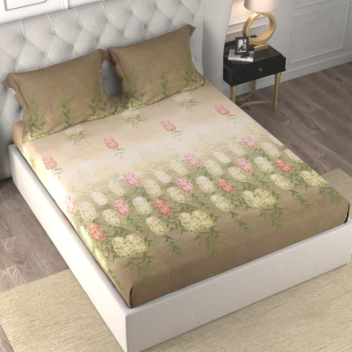 Cloth Fusion Glace Cotton Bed Sheet King Size Bed with 2 Pillow Covers, 150 TC Floral Bedsheet for Double Bed King Size (100X108 Inches, GoldenFlora)