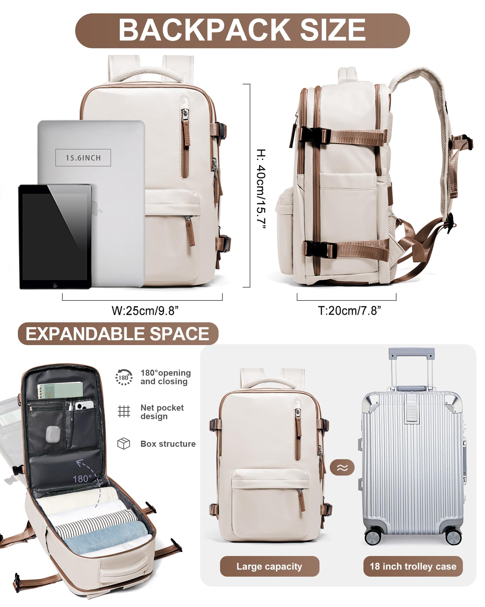 Zaino da Viaggio per Ryanair 40x20x25 Bagaglio a Mano Zaino Borse da Cabina per Ryanair Il Sedile Zaino Aereo Bagaglio a Mano Donna Borsa Cabina Viaggio Zaino Viaggio Casual Daypack,Marrone giallastro