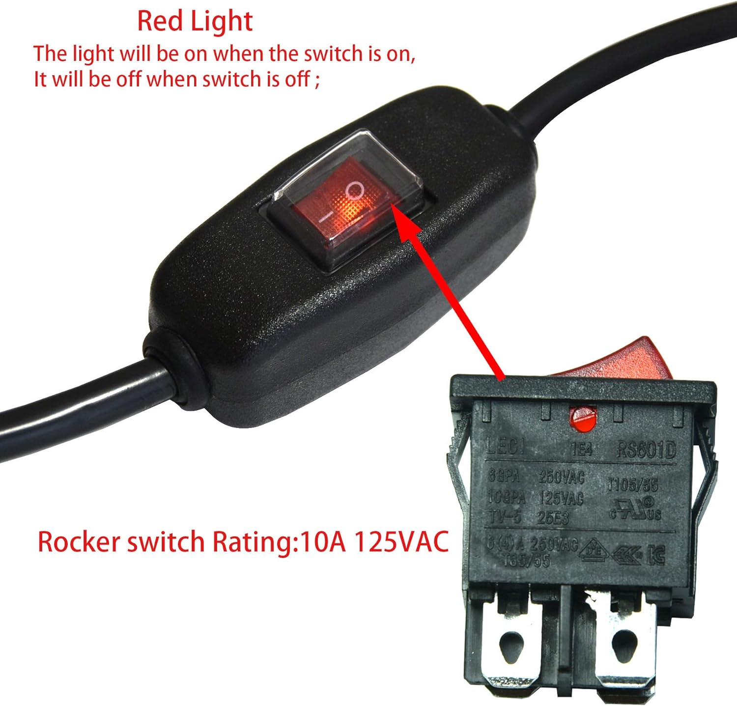 FILSHU 6ft 18 Gauge 3 Prong AC Power Cord Cable with on Off Switch, Pigtail (Open End Wiring), NEMA 5-15 Plug US SJTW 18AWG (10A) 6FT Black image 5 of 6 B08BRF11T7