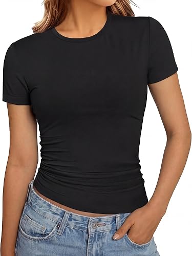 Women's Basic Crop Tops Slim Fit Short Sleeve Crew Round Neck Baby Tee, Fitted S