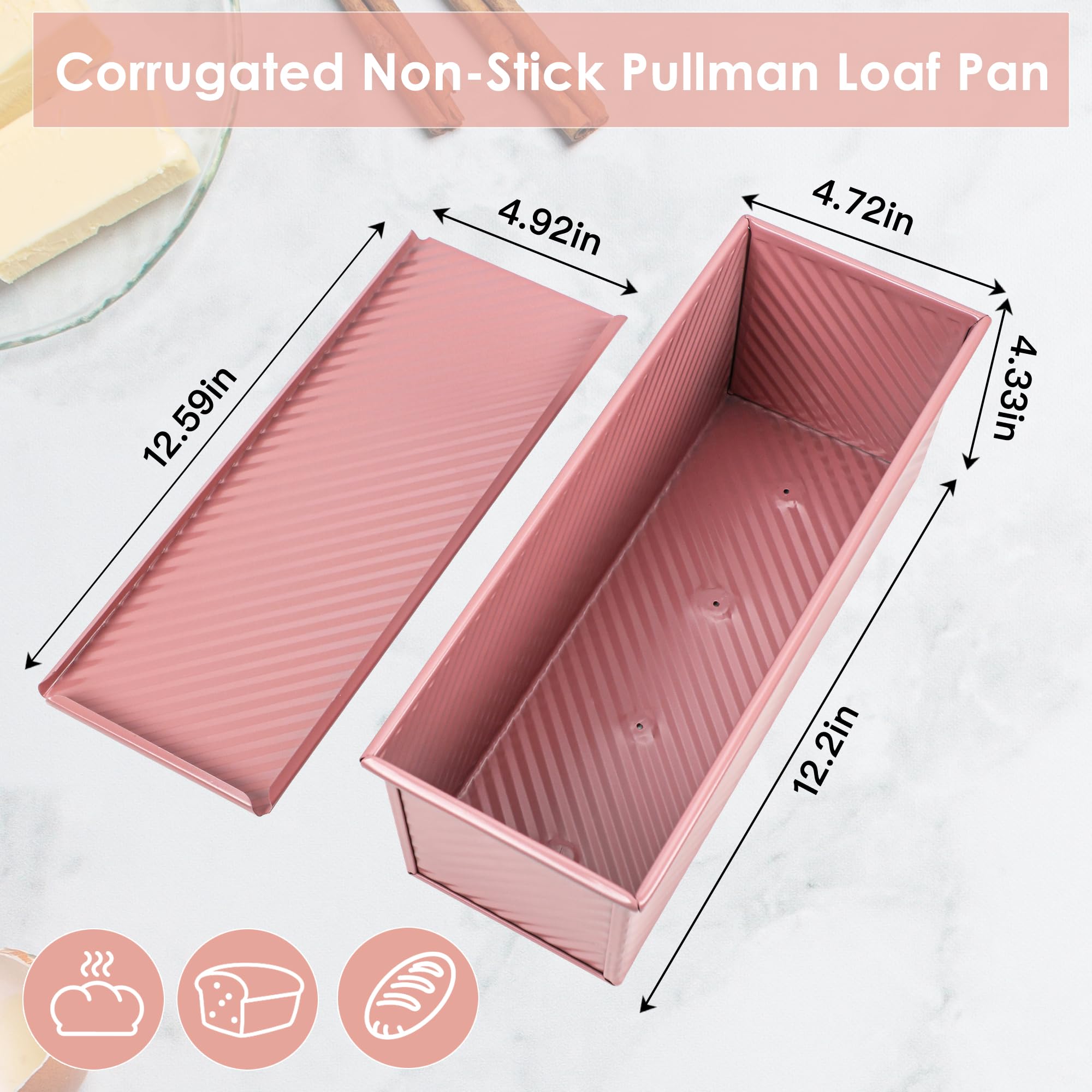 Molde para pan Pullman rosa de alta calidad de 13 pulgadas con tapa, perfecto para hornear pan de sándwich de grado profesional, molde antiadherente para pan casero