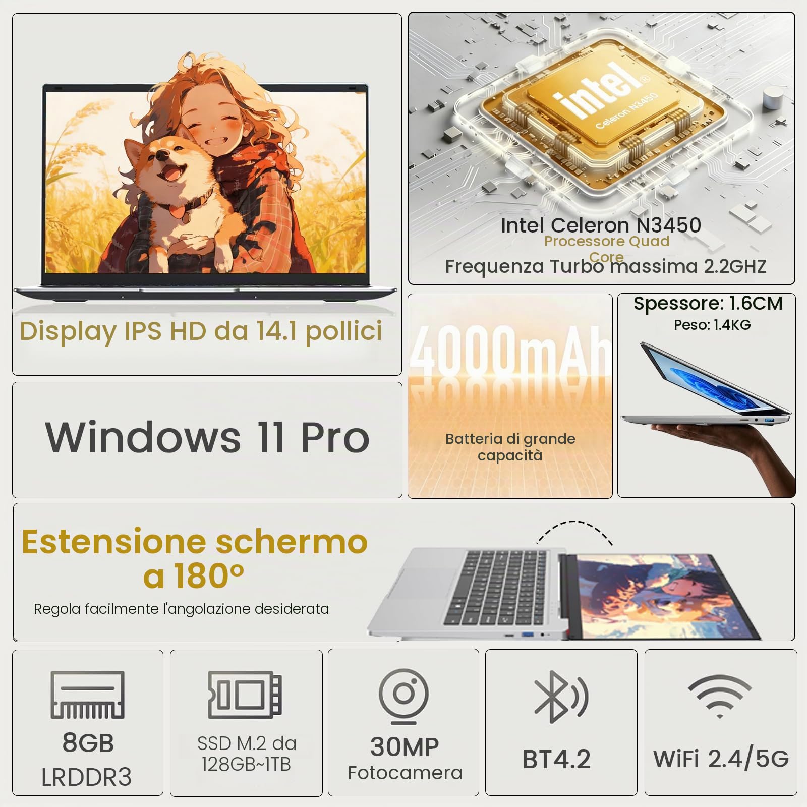Kayoote 2026 Laptop da 14,1 Pollici, Computer portatile, Portatile 8 GB RAM 128 GB SSD, Pentium N3710, Display HD Notebook Laptop, 180°Chiusura Aperta, 4000 mAh, WiFi5, Supports TF Cards