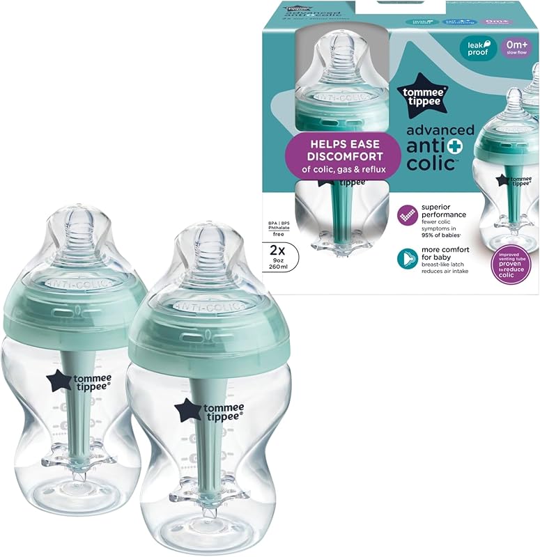 Biberones anticólicos avanzados Tommee Tippee, recién nacidos a partir de 0 meses, 9 oz | Paquete de 2, pezón similar al pecho de flujo lento, diseño único que mantiene el aire alejado de la leche, transparente, sin BPA
