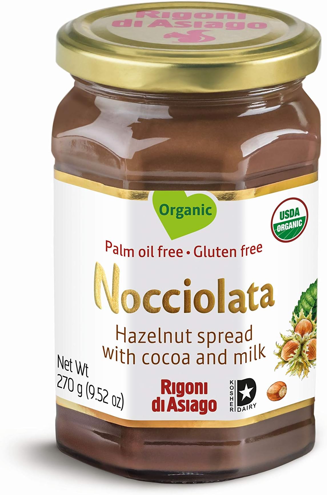 Rigoni Di Asiago Nocciolata Organic Hazelnut Spread, Cocoa and Milk, 9.52 Ounce Jar