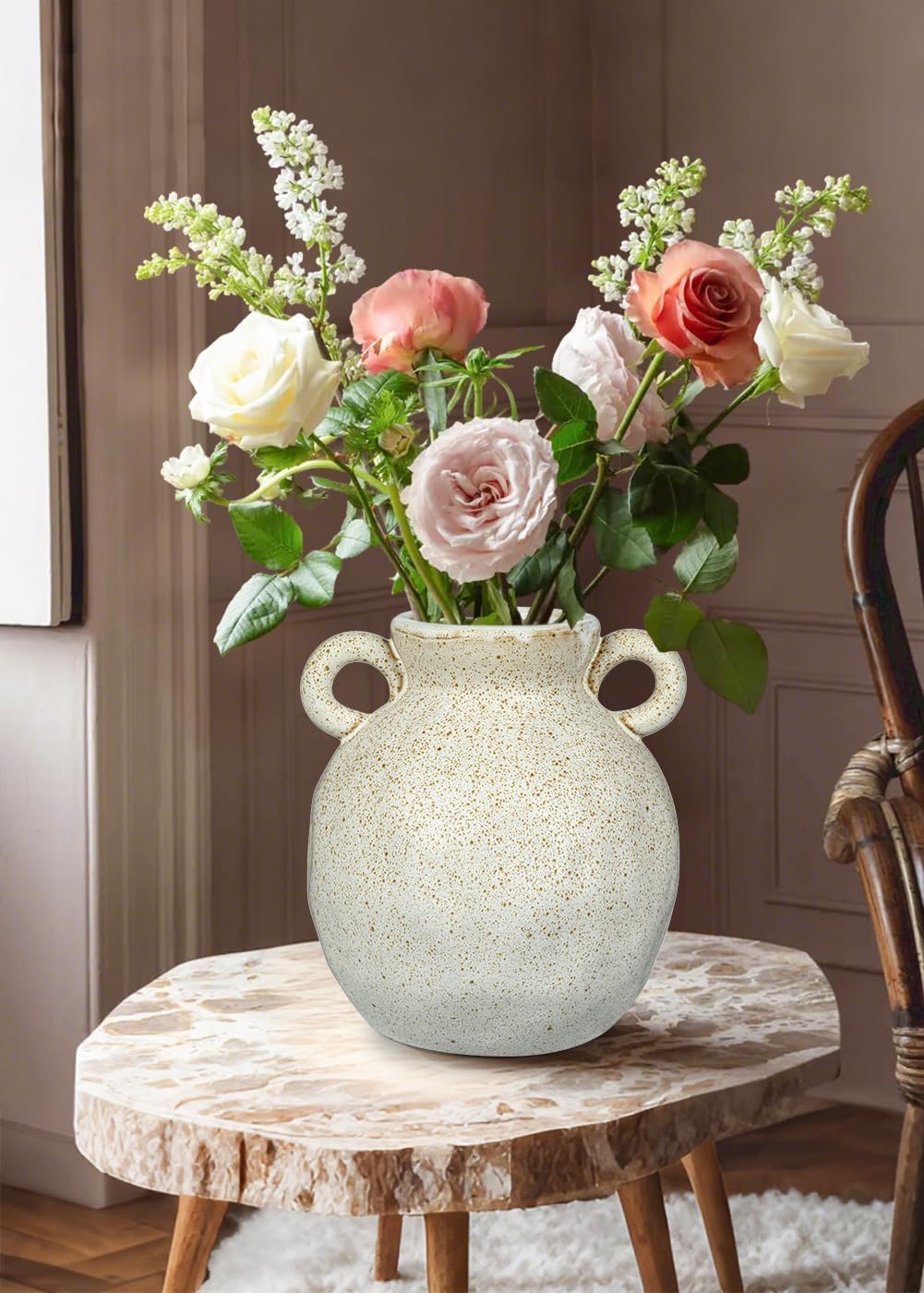 Rustic Ceramic Farmhouse Flower Vase with 2 Handles, Large Vases for Home Decors, Living Room, Bookshelf, Office, Grand Millennial Decor 8.2 Inch - Image 5