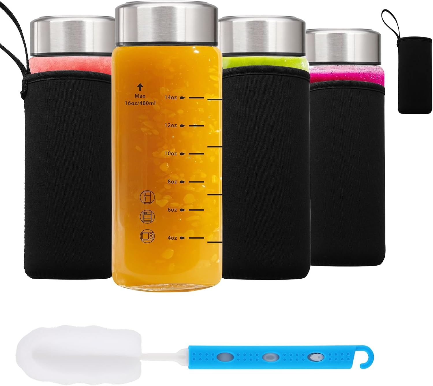 Glass Juice Bottles 16oz-4 Pack Wide Mouth Glass Water Bottles with Lids and Sleeve- for Juicing Smoothies Protein Reusable Stainless Steel Lids Leak Proof Borosilicate