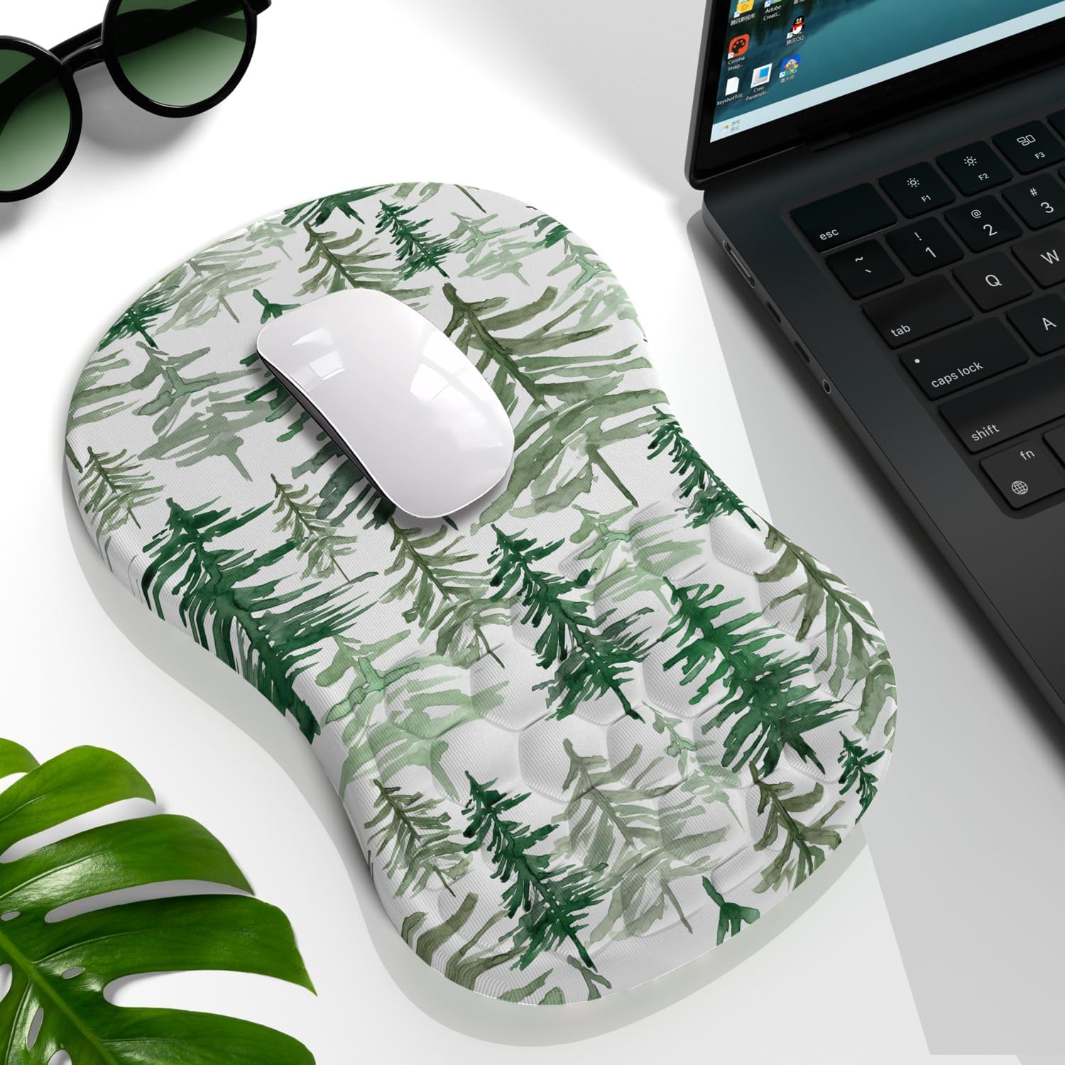 Green Forest Boho Ergonomic Mouse Pad with Wrist Rest Support Mouse Pads, Integrated Memory Foam Slope Massage Bulge Desk Mat Comfortable Computer Laptop Desk Mouse Pad Wrist Support 12.2 X 7.9 in