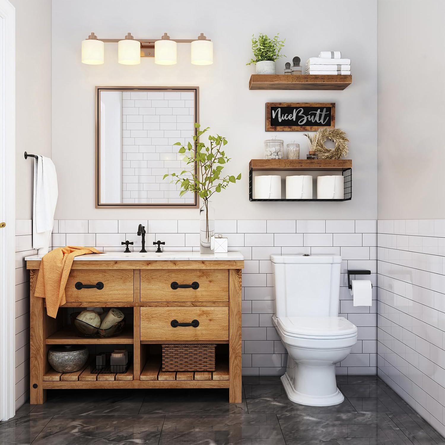 QEEIG ‎Bathroom Shelves Over Toilet - Paper Storage Wall Mounted Farmhouse Decor Decorations Aesthetic Décor Sign Small Floating Wall Shelf 2+1 Set 16 inch NiceButt, Rustic Brown (020BN-NB)