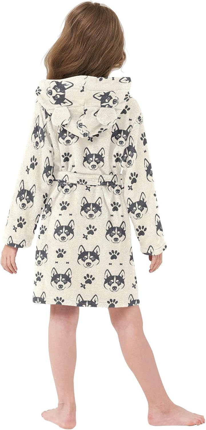 Retro Cartoon Husky Toddler Hooded Bathrobe for Boys Girls Soft Plush Bath Towel Robe 2-12 Years