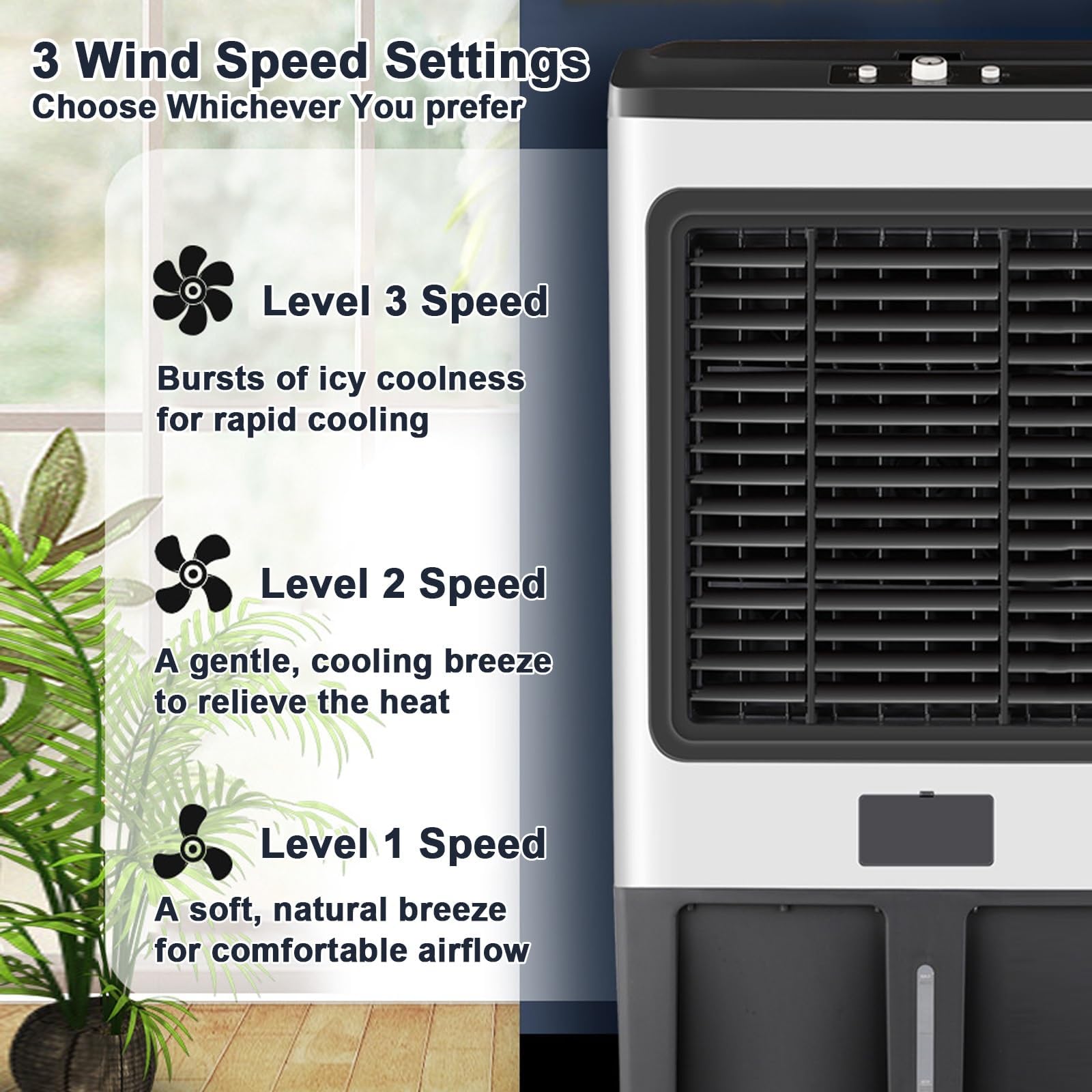 Climatizador evaporativo industrial portátil depósito 110L, 3 velocidades, doble regulación de aire, ruedas 360° con frenos, medidas 130×62×42cm para talleres, almacenes y puestos de mercado