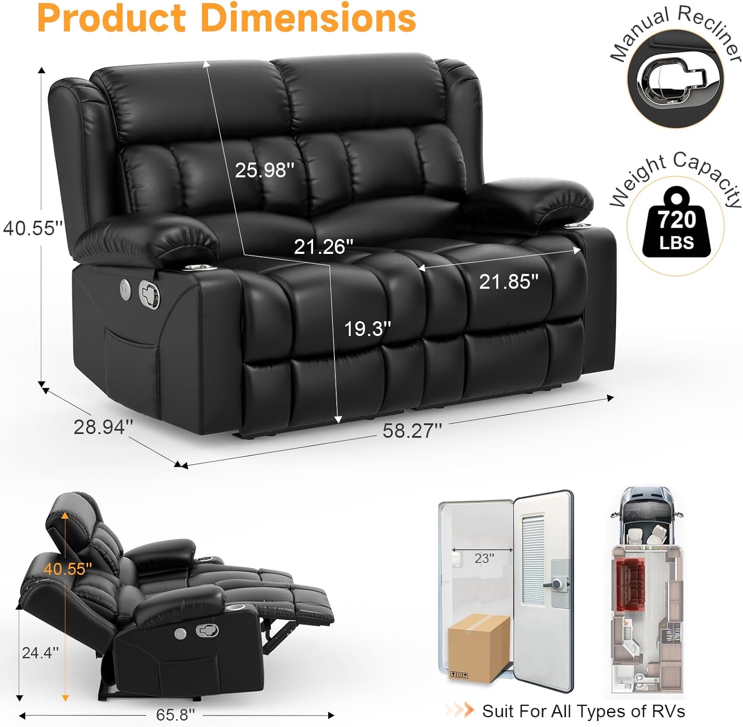 RV Loveseat Recliner Sofa, Wall Hugger Reclining Loveseat RV Couch with USB Ports, Large Pockets, Cup Holders, 150° Adjustable RV Recliners Furniture for Travel Trailers & Home Theater Seating