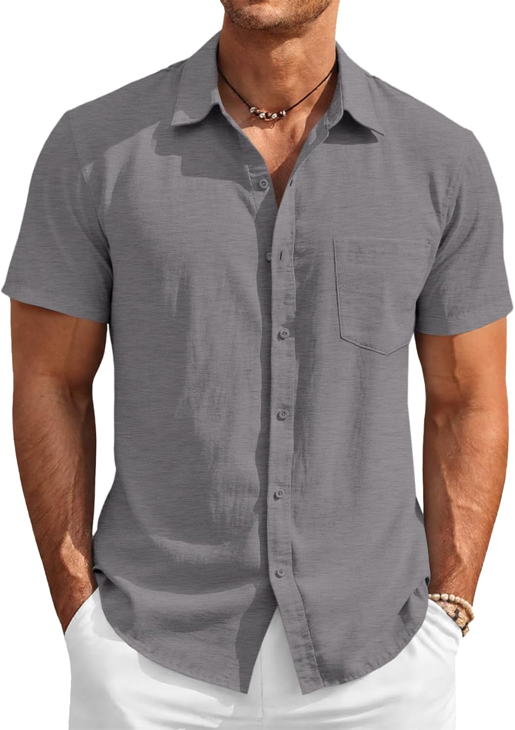 Runcati Mens Button Down Linen Shirt Short Sleeve Casual Vacation Shirts Summer Beach Wedding Tops with Pocket