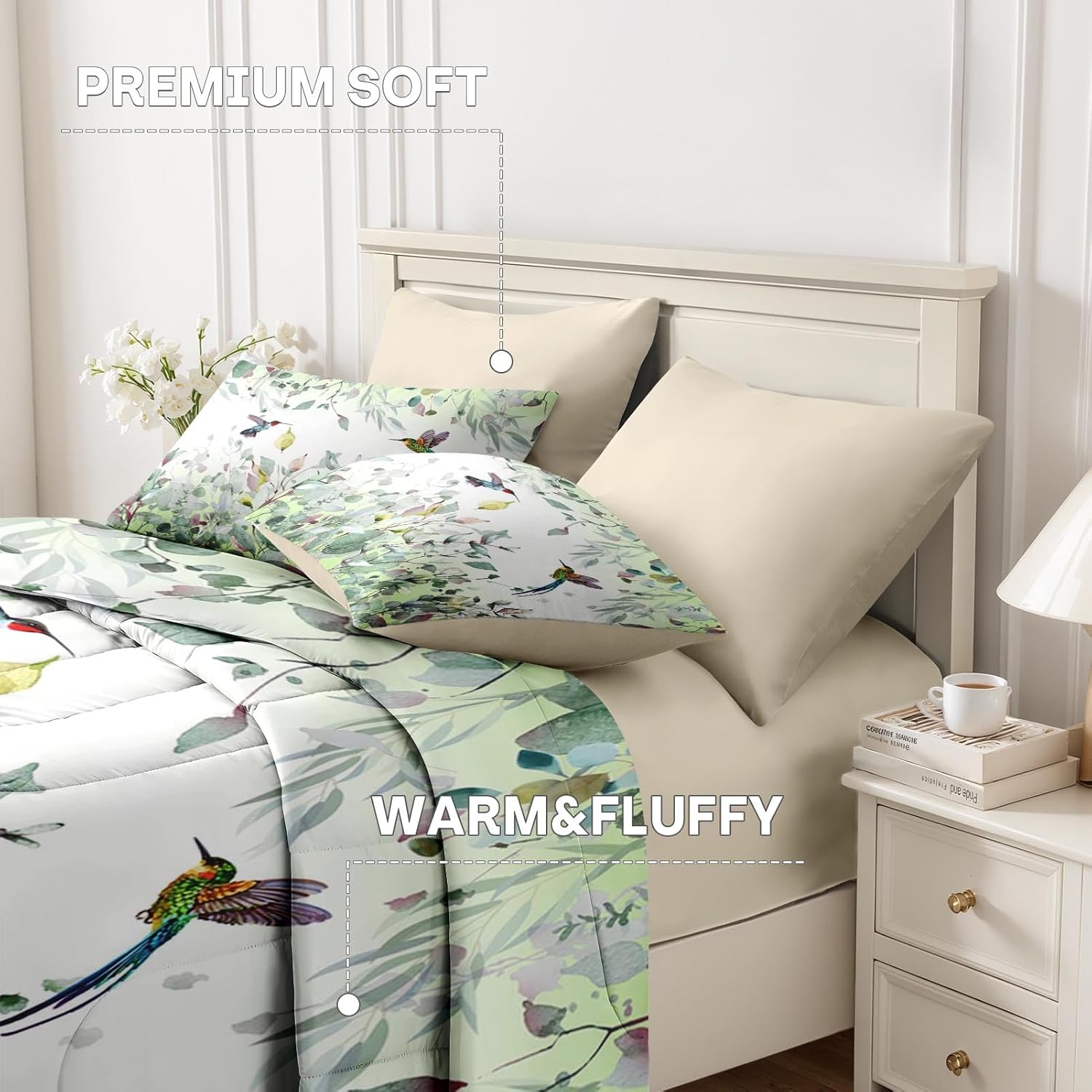 Nesker Spring Comforter Set Full Size, Hummingbird Greenery Leaf 7 Pcs Bedding for Kids and Adults, Watercolor Nature Bed Sheet Sets with Fitted Sheet 2 Pillowcases & 2 Shams