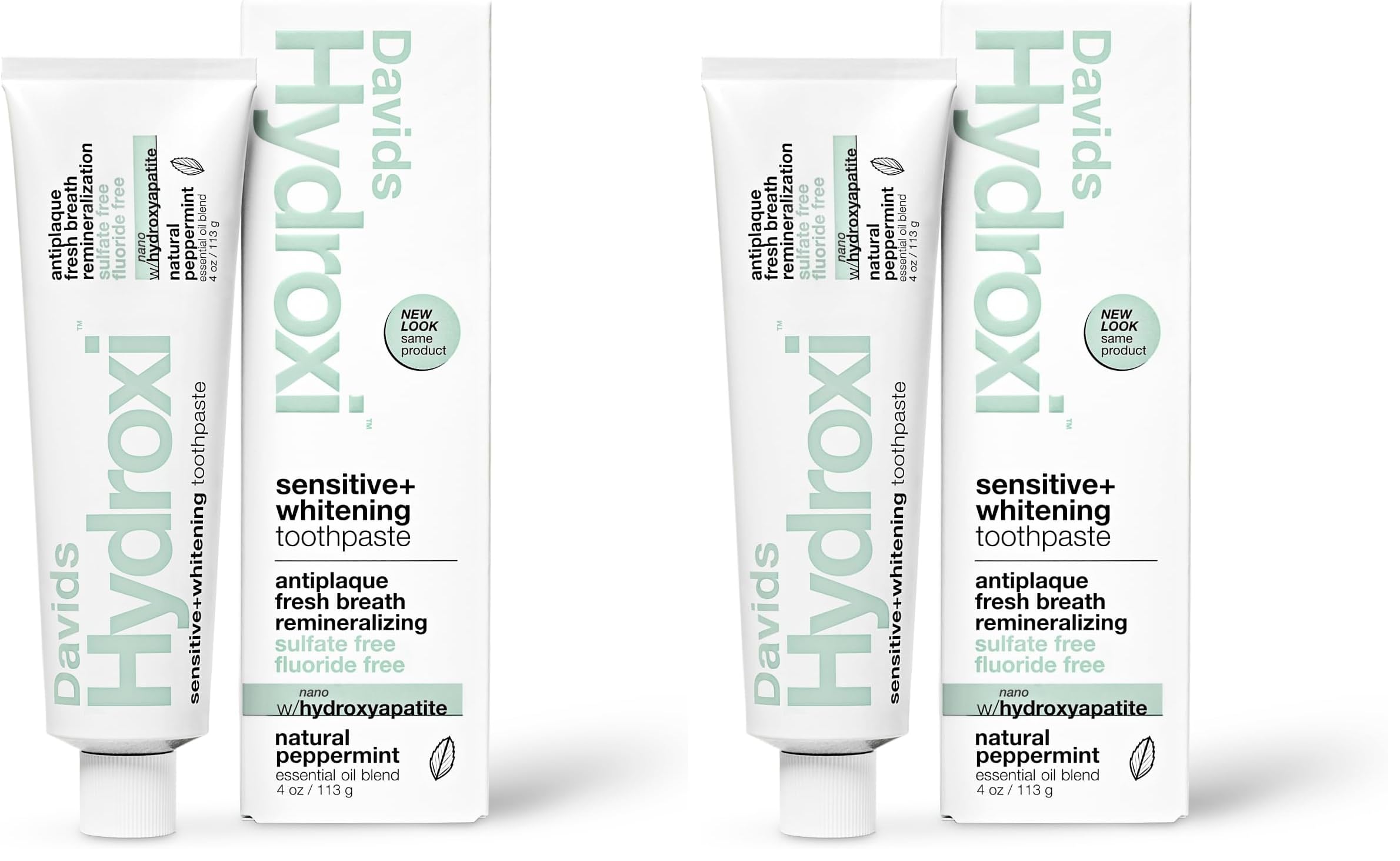 Davids Hydroxi Fluoride Free Nano Hydroxyapatite Toothpaste for Remineralizing, Sensitive Support, Whitening, Antiplaque, SLS Free, Natural Peppermint, 4oz, Made in USA (Pack of 2)