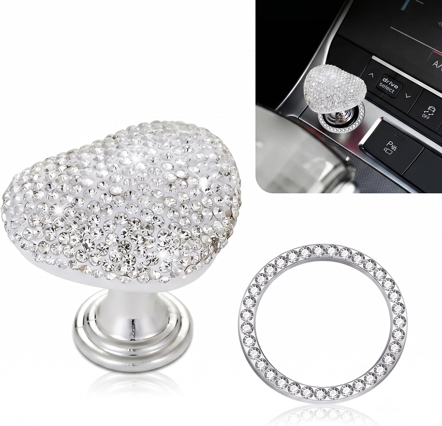 2 PCS Bling Heart Car Engine Start Button Cover, Rhinestone Decoration Ring, Anti-scratch Engine Ignition Switch Decal, Self-adhesive Interior Part for Women Girl (White)