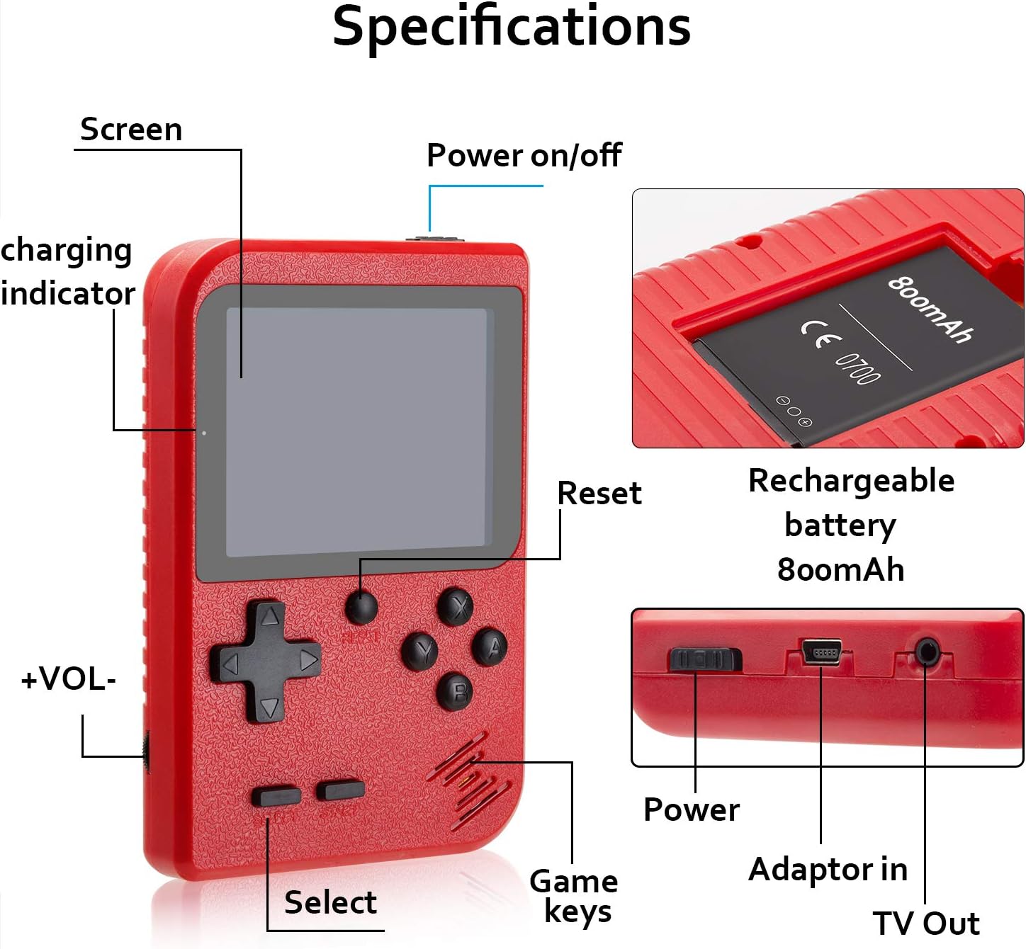 weikin Handheld Game Console, Retro FC Video Game Console, Gameboy 500 Classical Games Portable LCD Screen Support for TV & 2 Players, Good Gifts for Kids and Adults