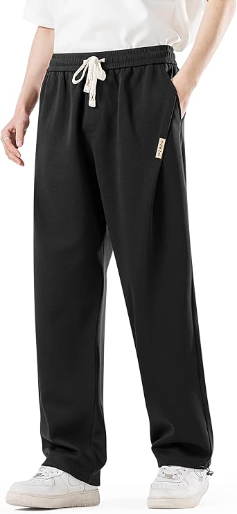 HHZ Men's Cotton Straight Leg Sweatpants - Black Loose Fit Joggers, Casual Athletic Pants for Fall Winter Spring