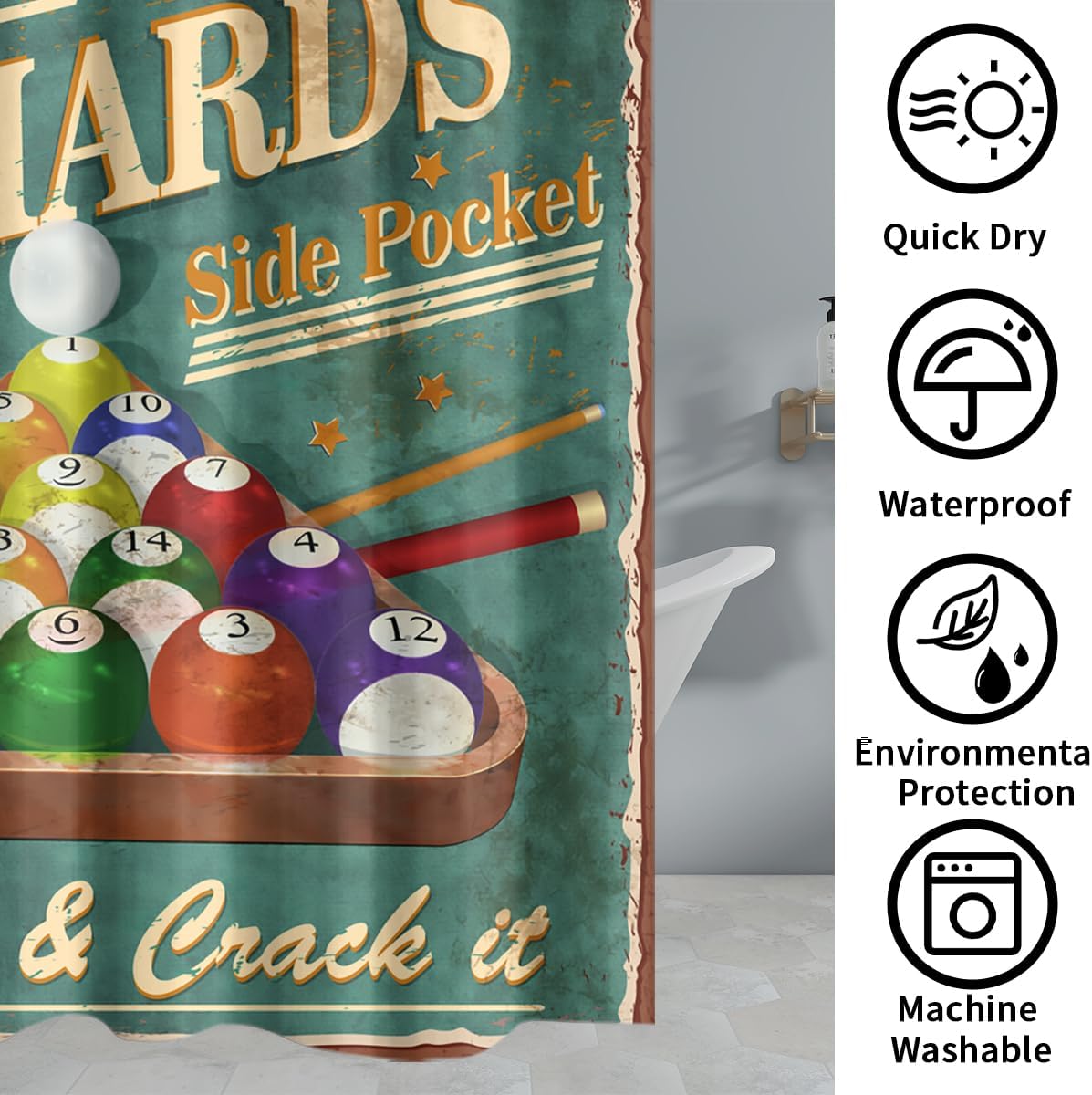 Vintage Snooker Billiards Shower Curtain Sets 4 Pcs,Retro Rustic 1950s Game Sports Theme Billiard Pool Balls Bathroom Decor with Rugs Include Waterproof Non-Slip Toilet Lid Cover Bath Mat