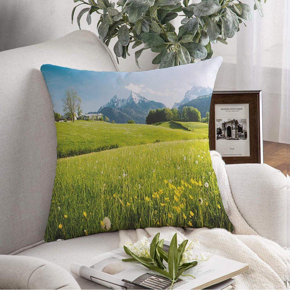 Pillow Case Summer Snowcapped Beautiful View Idyllic Farm Alpine Mountain Scenery Nature Parks Travel Outdoor Decorative Pillow Cover Throw Pillows Cover for Sofa Bench Couch 16x16 Inch