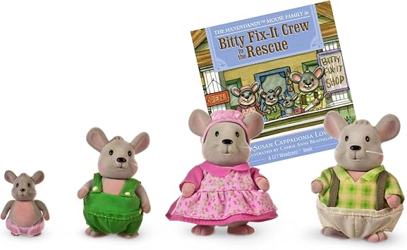 Lil Woodzeez Handydandy Mice Family Set 4 Collectible Doll Figures with Storybook Pretend Play Toy for Imaginative Fun Gift for Children 3+ Years