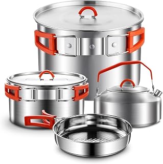 Camping Kochgeschirr Set,Camping Koch Set,304 Edelstahl Campingtöpfe und Pfannen Set,Campinggeräte für Wandern Outdoor Kochen Picknicks für 2-4 Personen