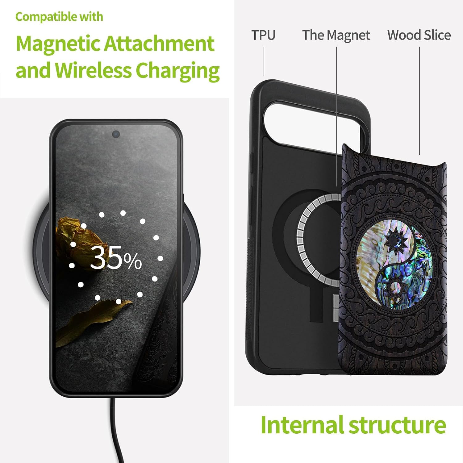 Carveit Magnetic Wooden Case for Pixel 9 Pro / 9 Pro Case, Wood Artisan Engraved & Handmade Shell Inlaid, Compatible with MagSafe Wireless Chargers, Yin Yang Paisley - Blackwood