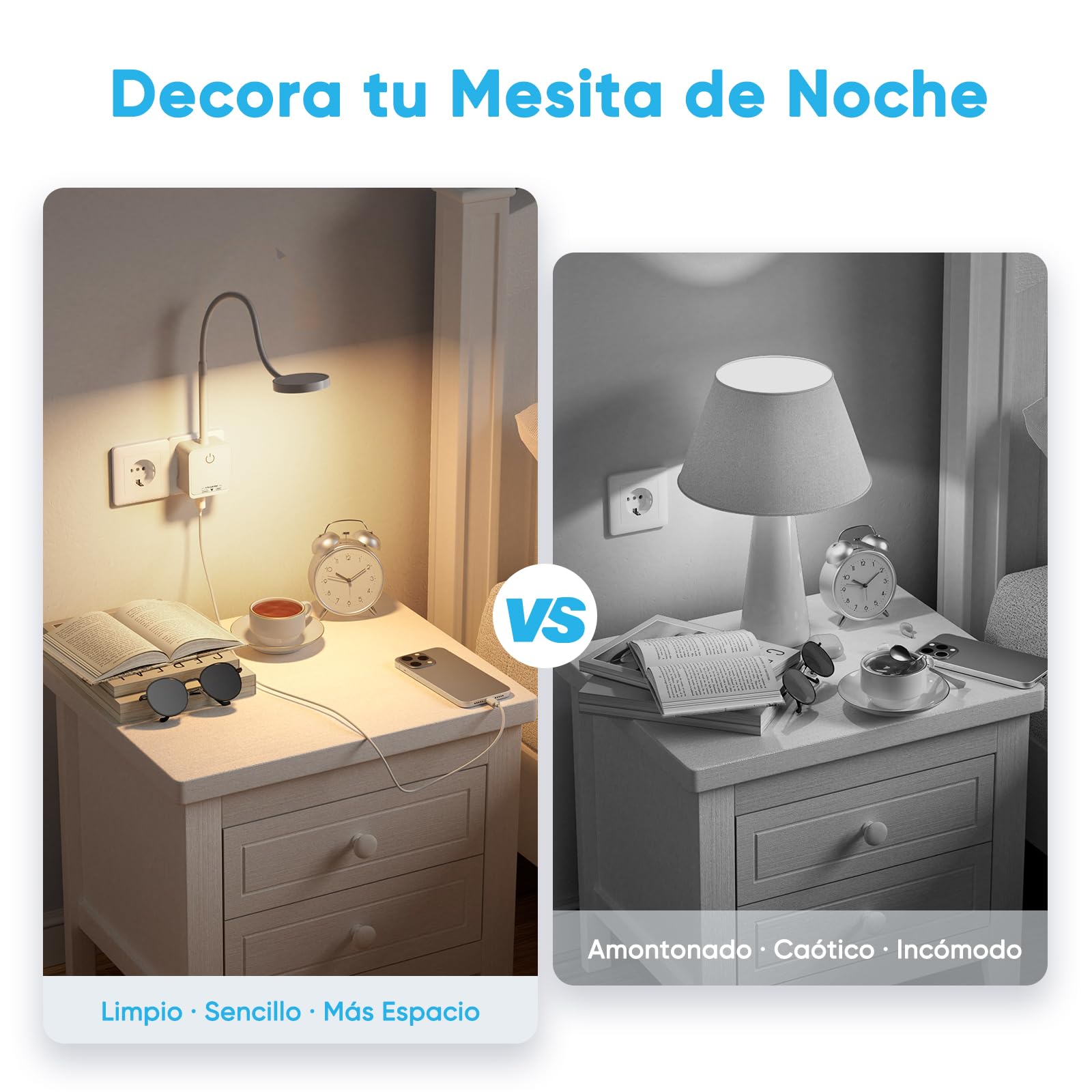 Lampara de Lectura Aplique Mesita de Noche Pared LED Interior con Enchufe, Interruptor Táctil Regulable, 3 Color de Luz, Amplio Angulo Iluminación 110°, Puertos de Salida USB