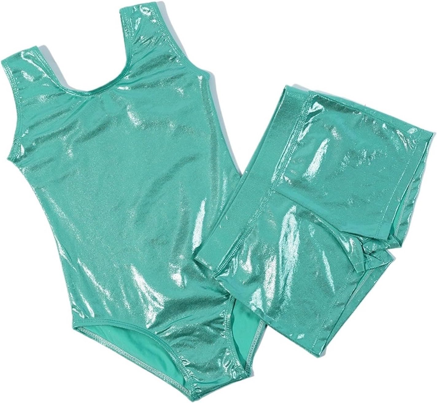 Sleeveless Shiny Girls Gymnastic Dance Trainingwear Tank Leotard With Short Suit