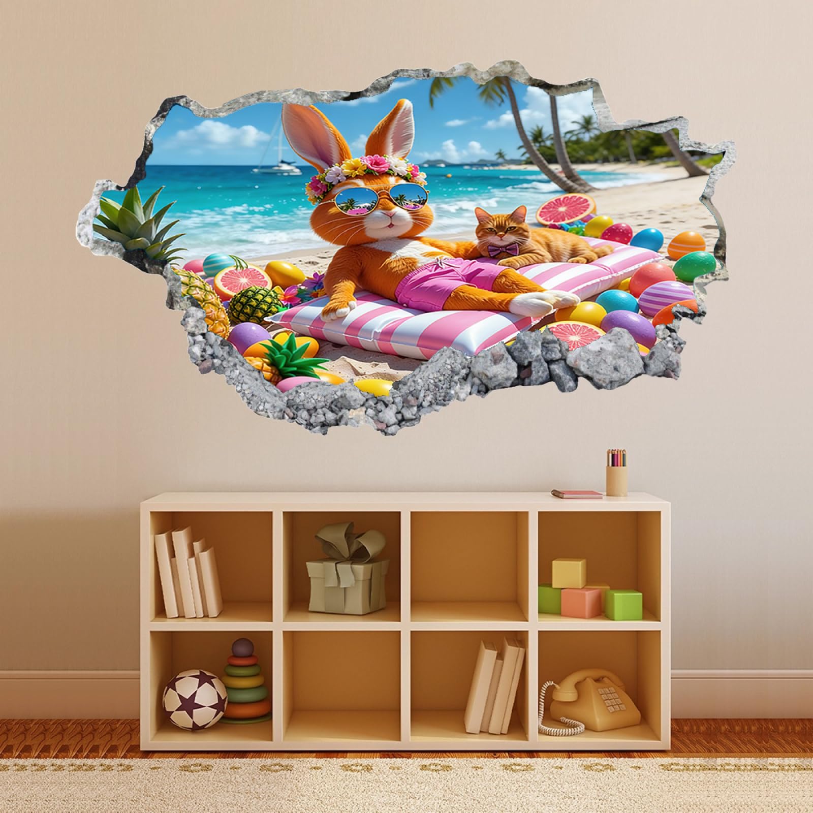 Vinilos Decorativos 3D Rotos Vacaciones En La Playa Del Gato Conejito Tatuaje de pared extraíble decoración del hogar Calcomanías impermeables para Guardería Habitación Decoración de pared 70x122cm