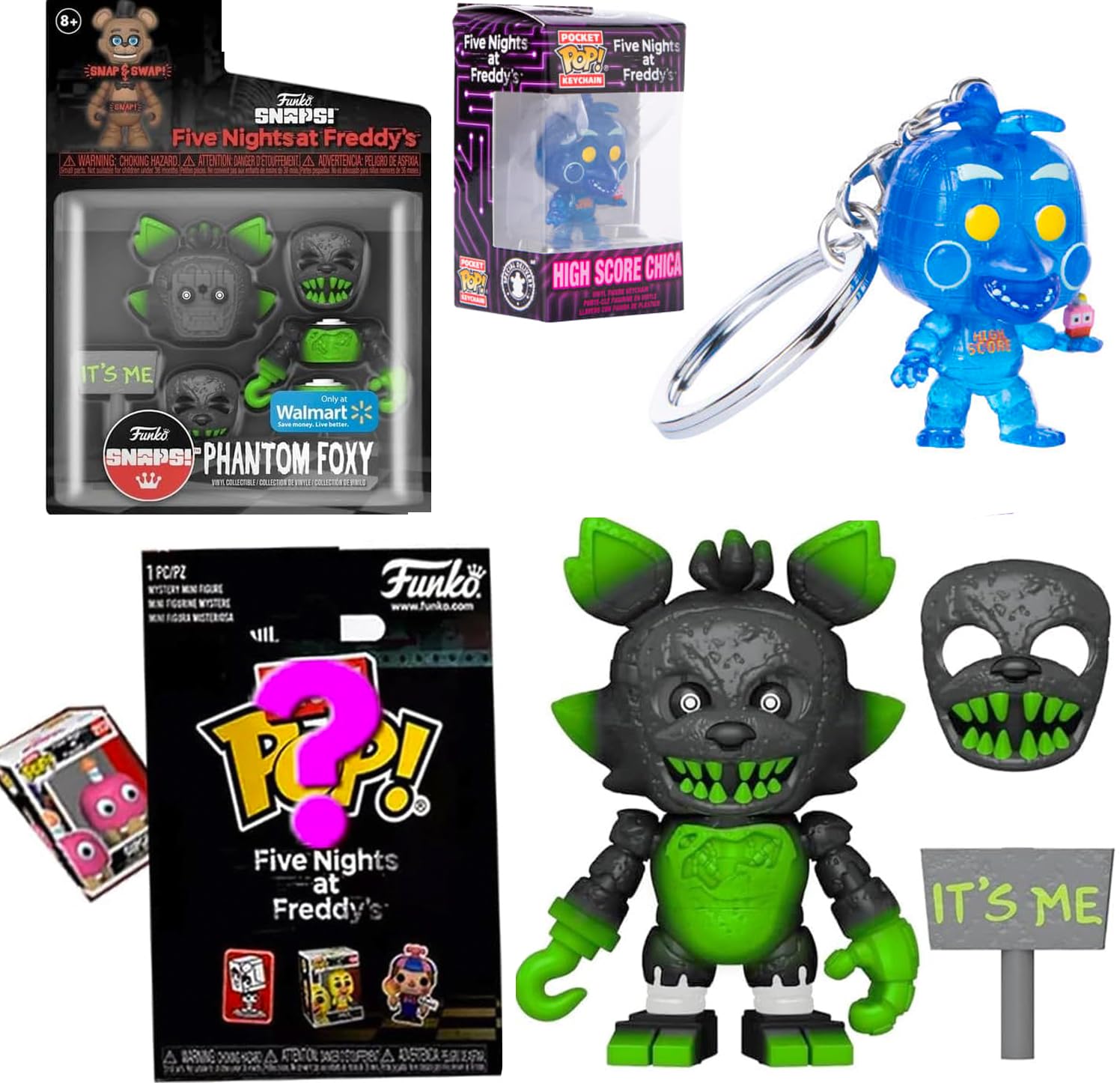 Let's Eat Five Nights at Freddy's Bundled with Animatronic Figure Pop! FNAF Phantom Nightmare Foxy Character + VR Special Delivery Party Security Mini Hanger Chica + Bitty Fright 3-Terrifying Items