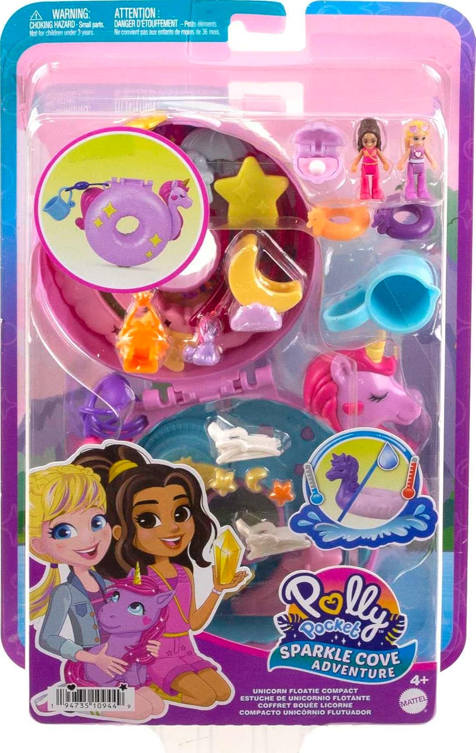 Polly Pocket Dolls and Playset, 12 Accessories, Unicorn Floatie Compact