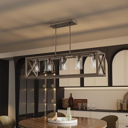 Miniatura 14 de Espird Lámpara de comedor estilo granja - 5 luces, lámpara de techo negra mate rectangular con altura ajustable y lámpara de mesa de metal engrosado