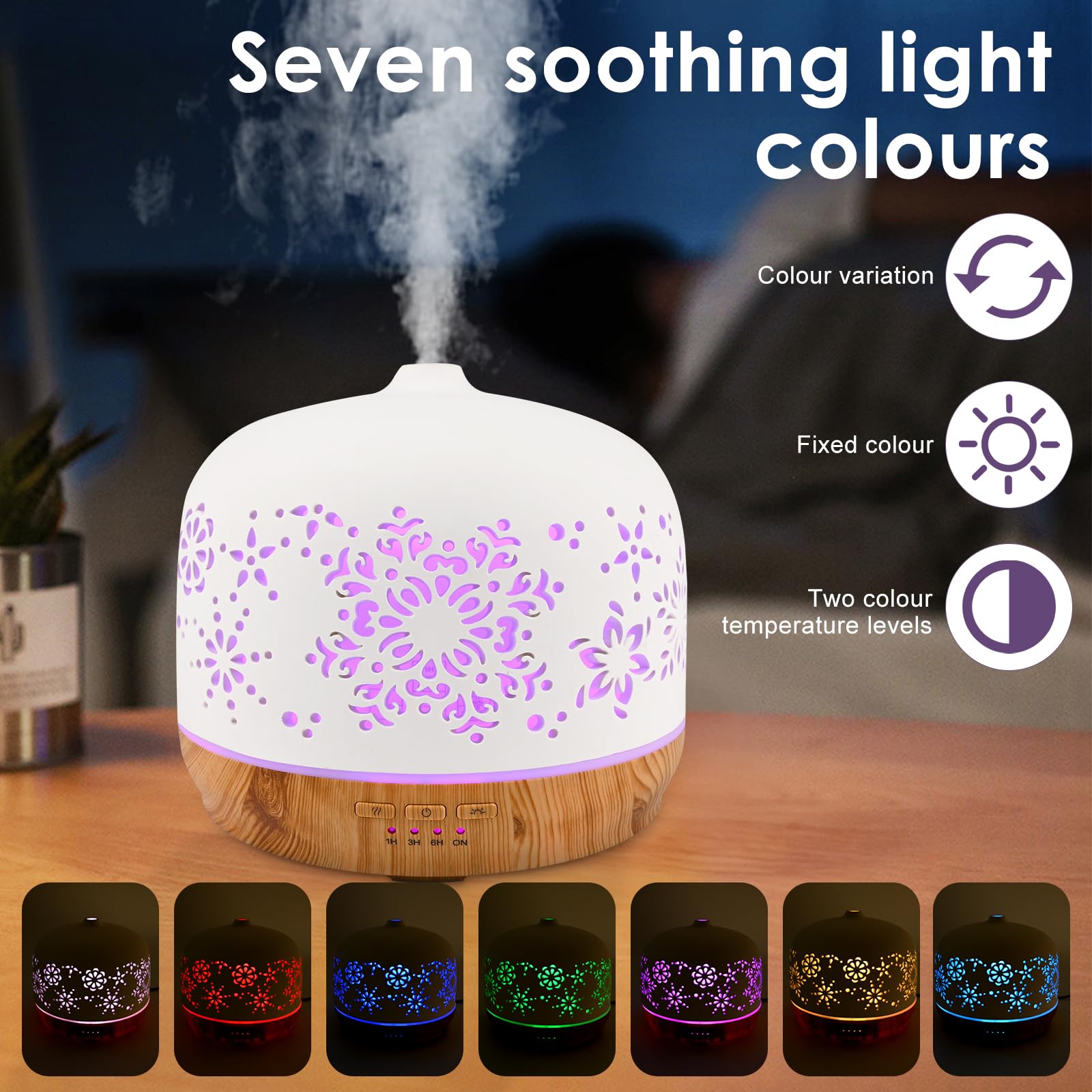 Aroma Diffuser, GuKKK 500ML Weiß Diffusor für Ätherische Öle, Ultraschall Aromatherapie Diffuser, Aromatherapie Düfte Luftbefeuchter, 7 Farben LED, Timer-Einstellung, für Schlafzimmer, Yoga, Büro