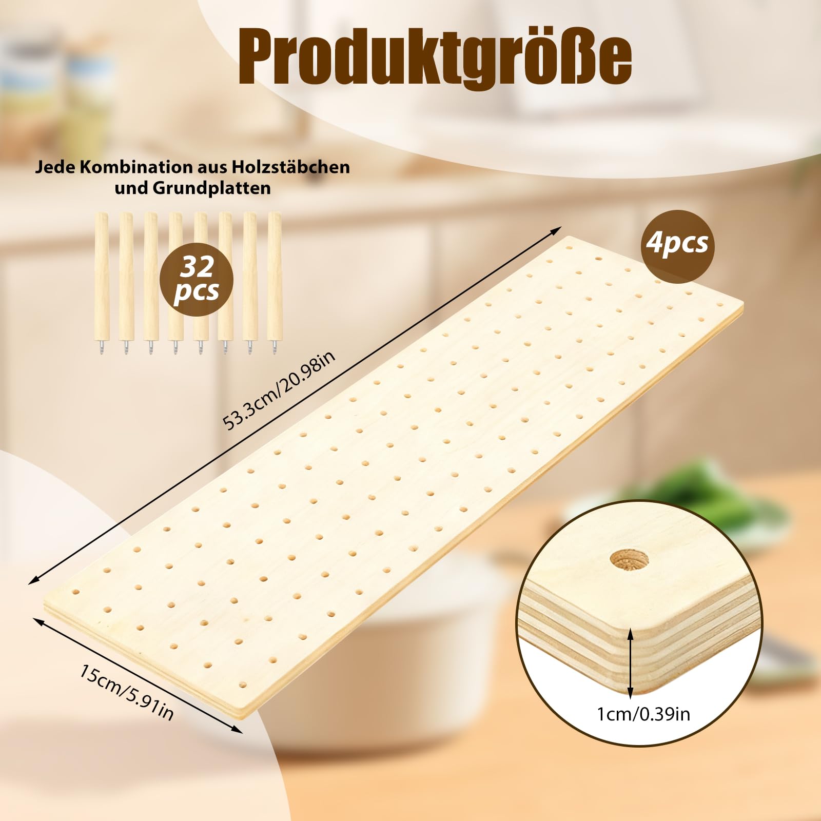 Stecktafel Schublade Organiser, 4 Stück Holz Peg Board System mit 32 Holzstab, 53.3 x15 x1cm Einstellbare Holz Teller Organizer Tablett, Schublade Organizer für Geschirr, Küche Stecktafel