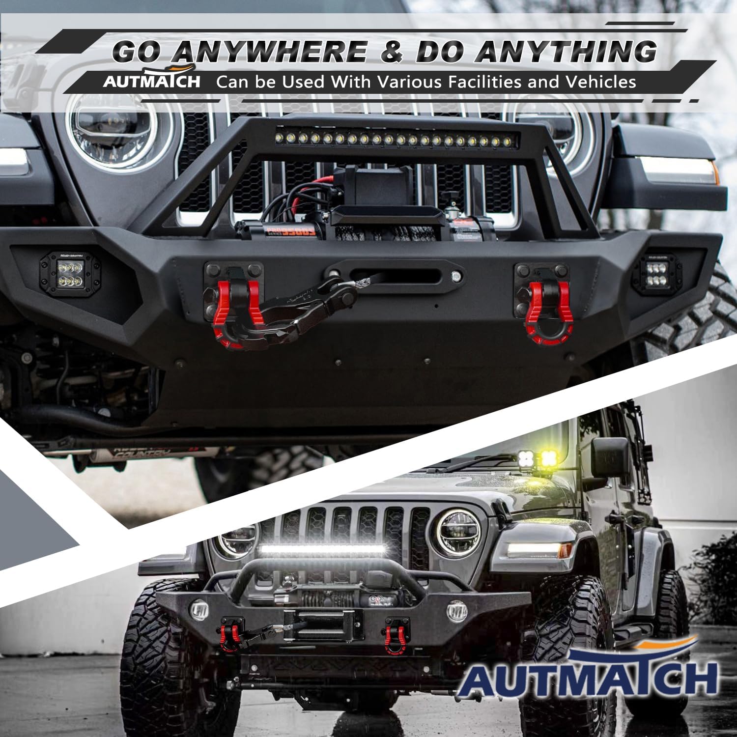 AUTMATCH D Ring Shackles 3/4" Mega Shackle (2 Pack) 68,000Ibs Break Strength - Heavy Duty Clevis Shackle 7/8" Screw Pin & Isolator Washer for Tow Strap Winch Off Road Vehicle Recovery, Red & Black