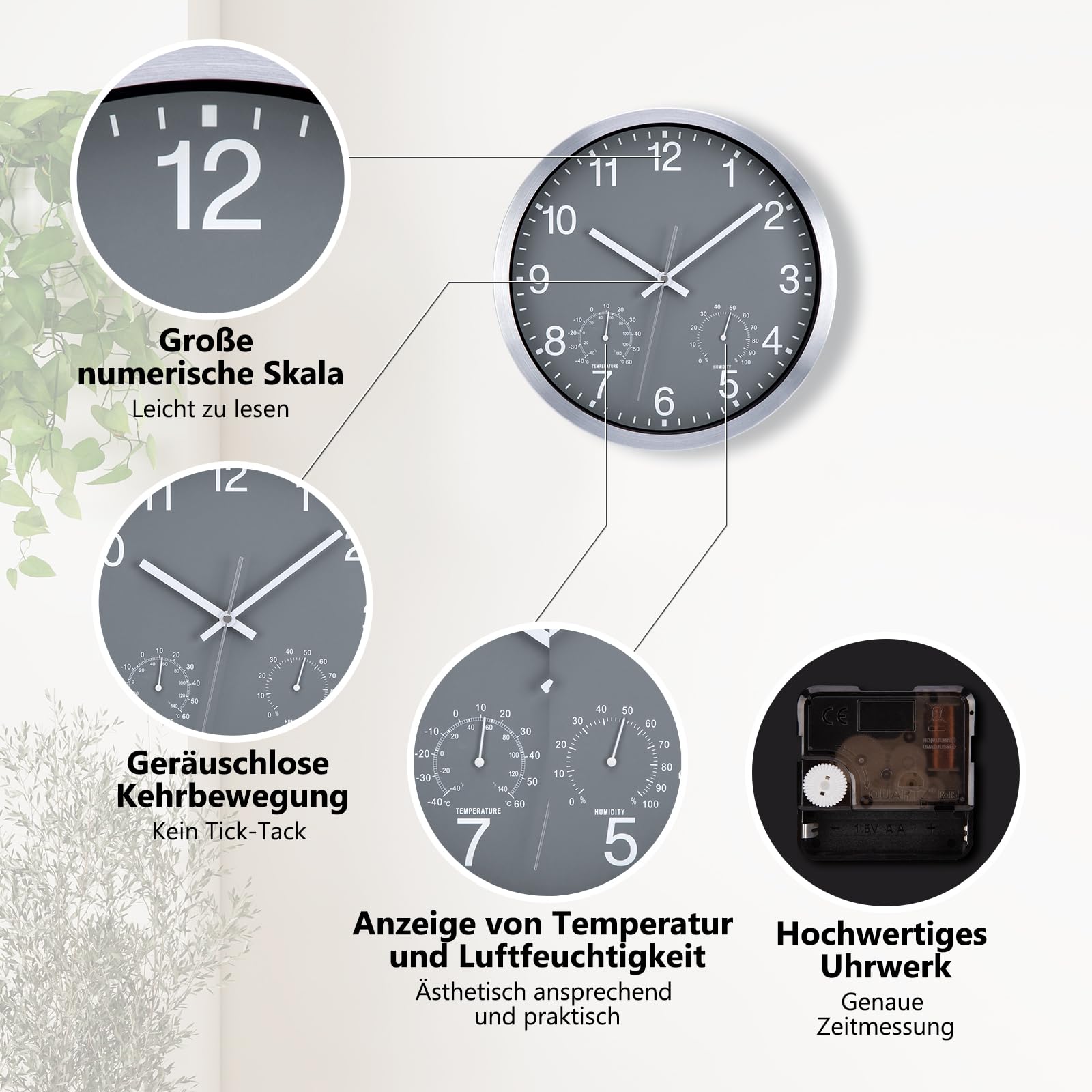 ACCSHINE Reloj de pared impermeable para exteriores – con termómetro e higrómetro, reloj de pared sin tic-tac, silencioso, 30 cm, cuarzo a pilas, grande, Deco de jardín (color gris)