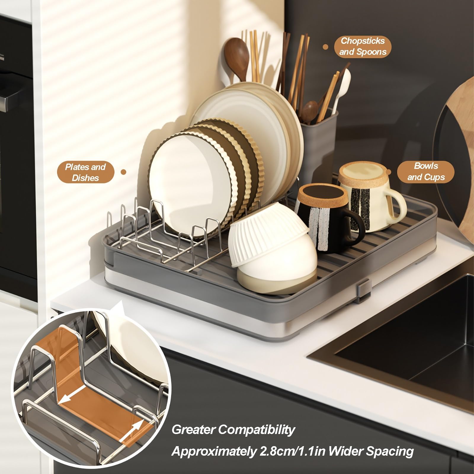 OvertheSink Abtropfgestell, erweiterbares Abtropfgestell aus Metall und Kunststoff, mit Abtropfschale, geteilter Sto für Küchentheke, Grau
