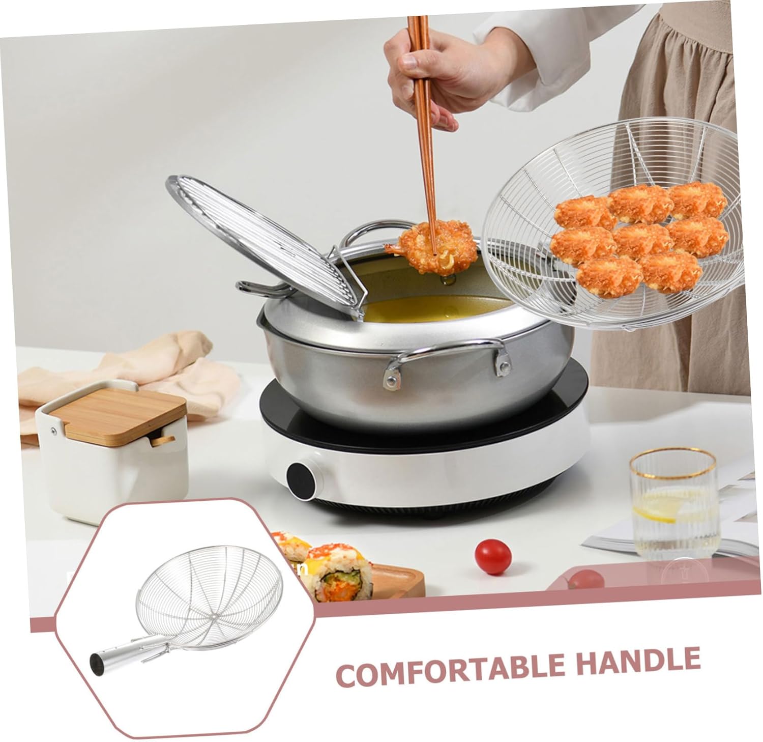 Stainless Steel Food Strainer 11-inch Noodle Colander Fine Mesh Sturdy Kitchen Utensil for Cooking and Frying for Draining Pasta and Vegetables