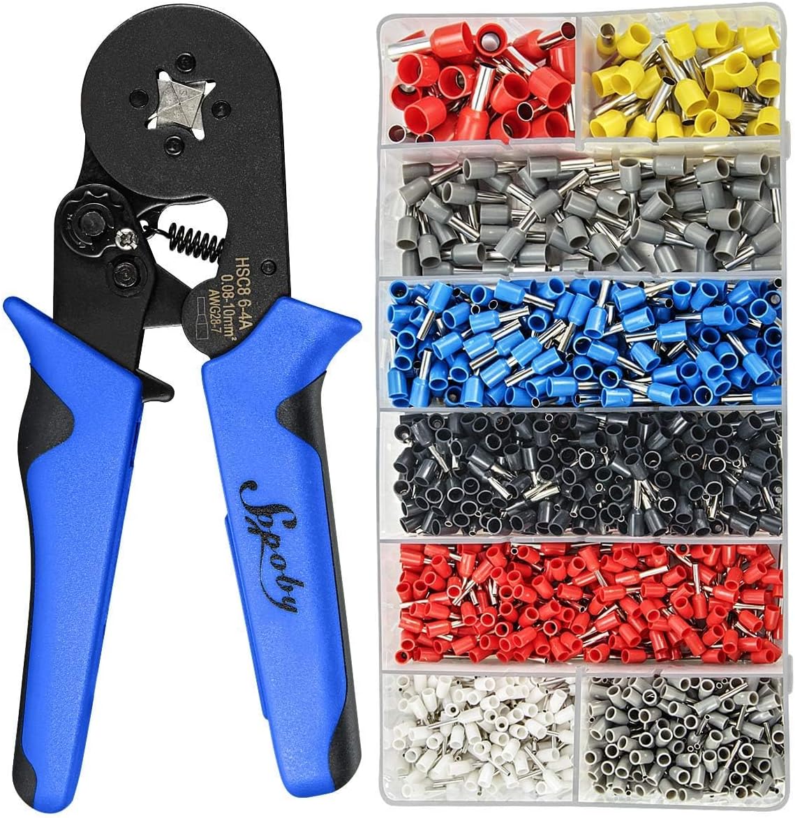 Sopoby Ferrule Crimping Tool Kit AWG 28-8 Self-adjustable Ferrel Crimper Kit with 1200PCS Electrical Wire Terminals Crimp Connectors