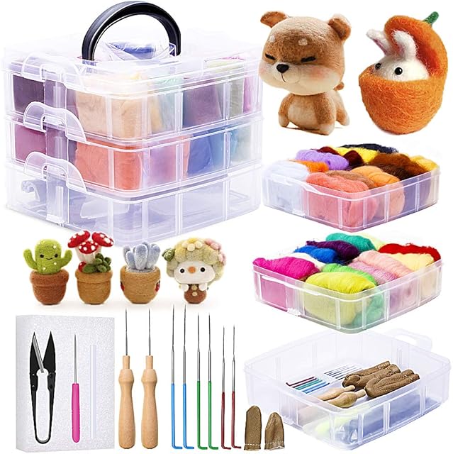 JUPEAN Needle Felting Kit, Wool Roving (5g/Color), Complete Needle Felting Starter Kit with Basic Felt Tools and Supplies Wool Fibre Spinning Craft Wet Felting Material for Beginners