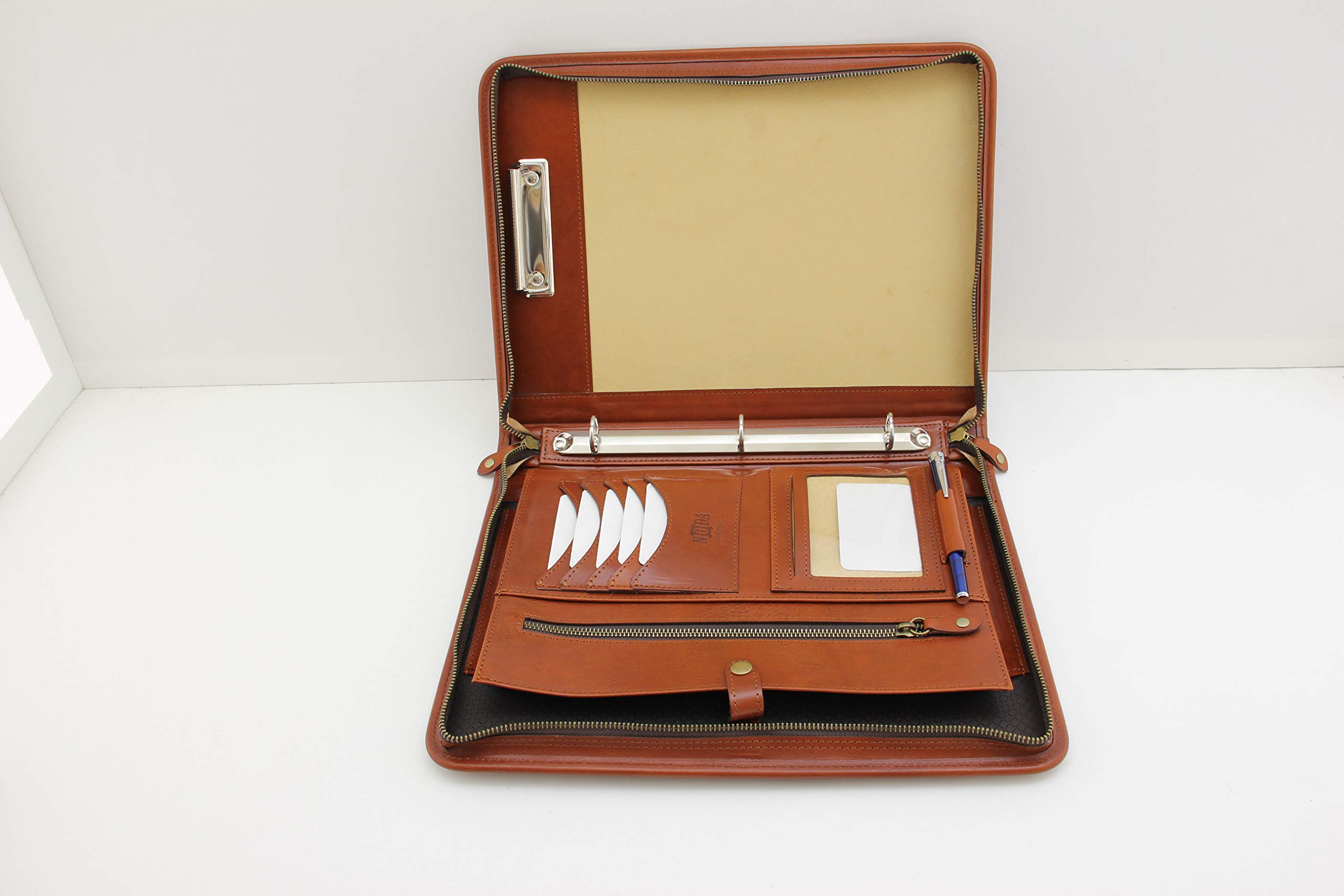 Noda Executive Leather Padfolio 3 raccoglitore ad anelli Professional Business portfolio W/chiusura con cerniera cognac