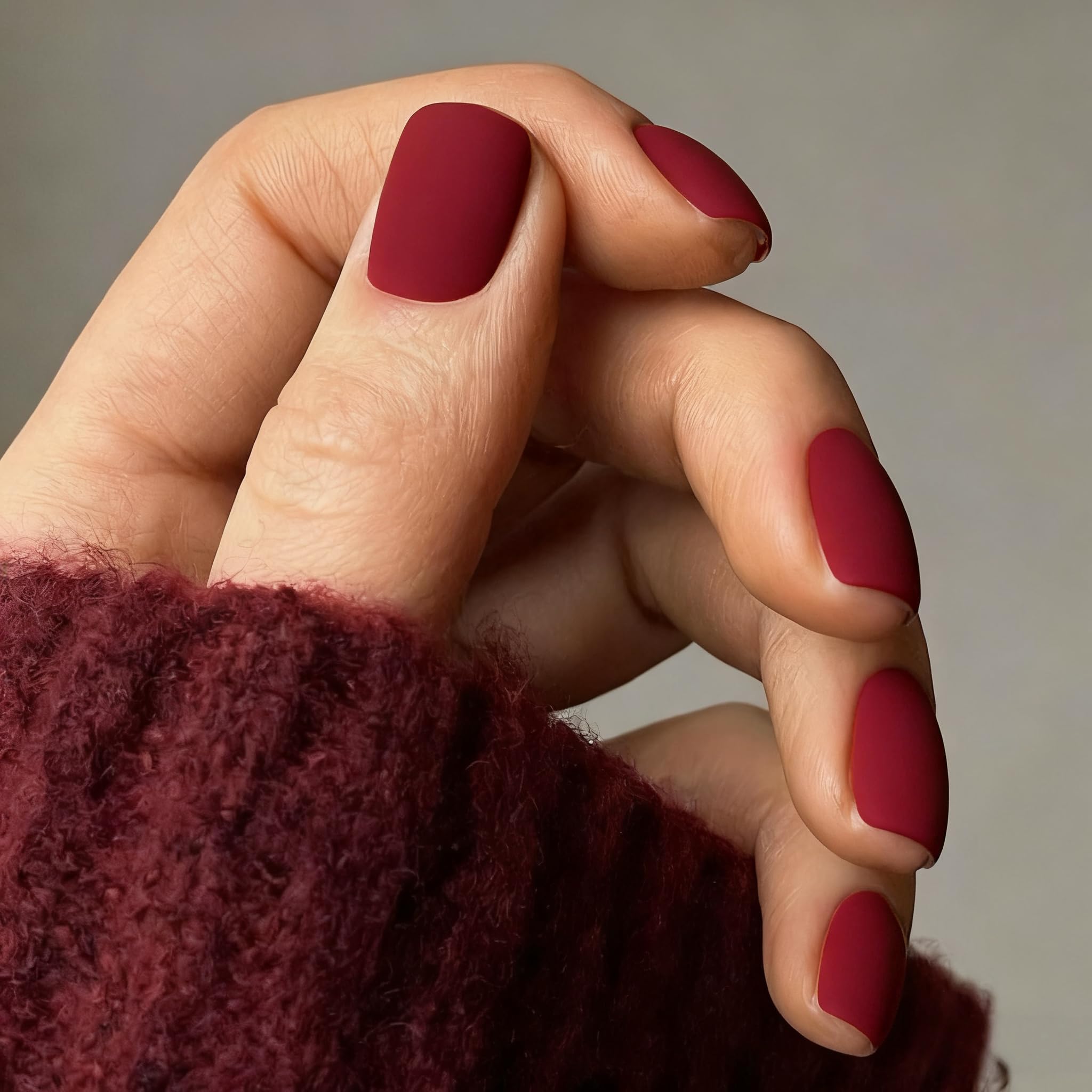 KQueenest 48 Pcs Acrylic Press on Nails Short Square, Matte Red Nail Press ons, Short Fake Nail Set, Neutral Gel Glue on Nails, Small Stick on Nails