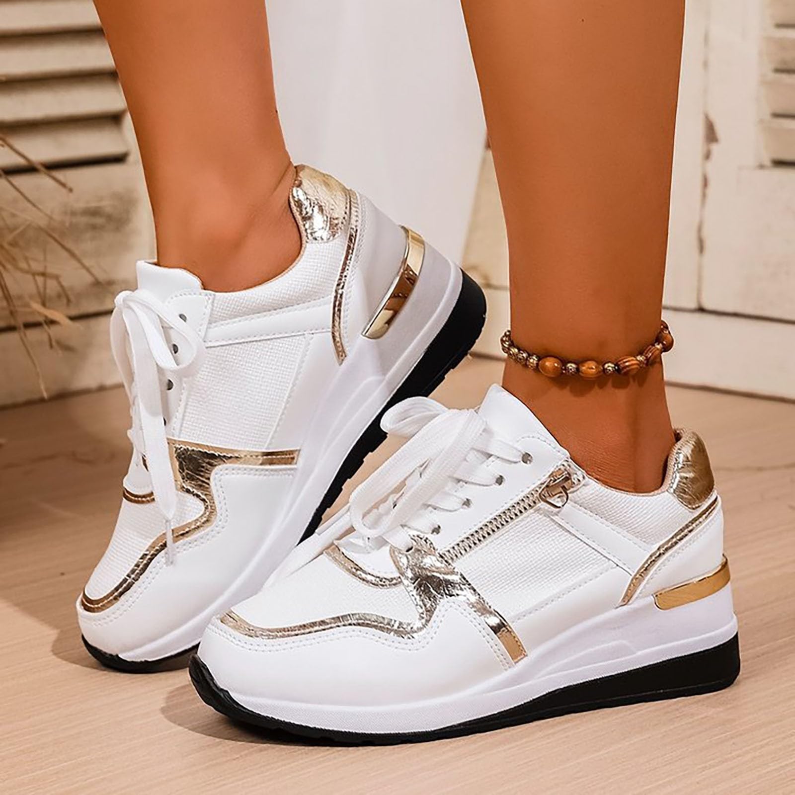Generisch Sneaker Damen Walkingschuhe Sommer Mesh Atmungsaktiv Slope Heel | Sportschuhe Leichtgewichts Slip On Weiche Sohle Dämpfung Turnschuhe Outdoor Running Fitness Joggingschuhe Mit Schnürsenkel