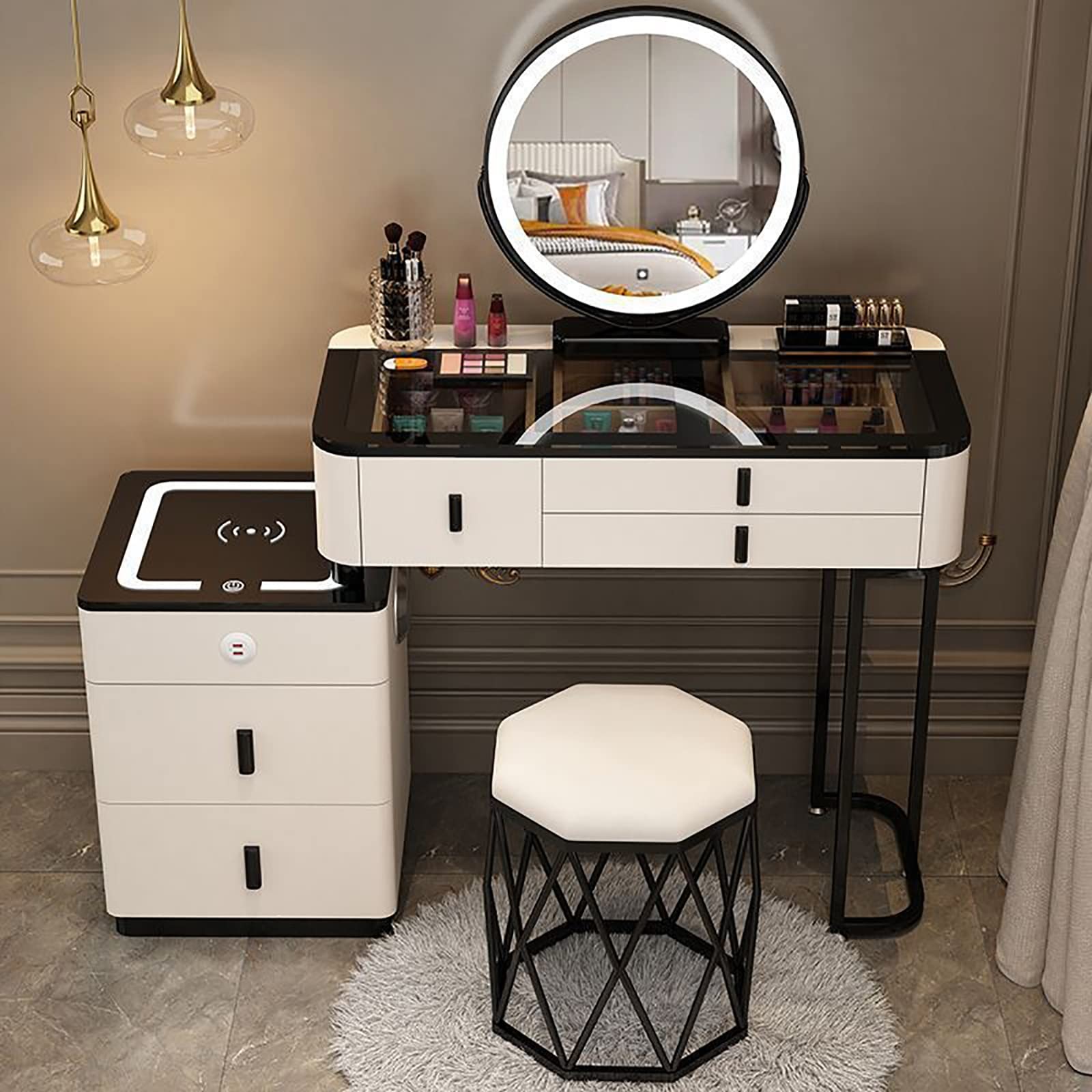 CGCSYZ Makeup Vanity Desk with Wireless Charging Station Speaker Makeup Mirror 5 Drawers Stool White Vanity Set for Bedroom and Dressing Room(White a-L:80cm/31.5")