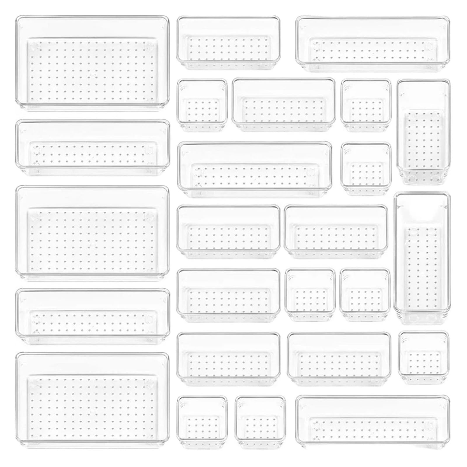 ZHSOAO Versatile Drawer Organizer Set Clear Plastic Trays and Dividers in 4 Sizes for Makeup and Kitchen Storage for Bras, Socks, Underwear(25PCS)