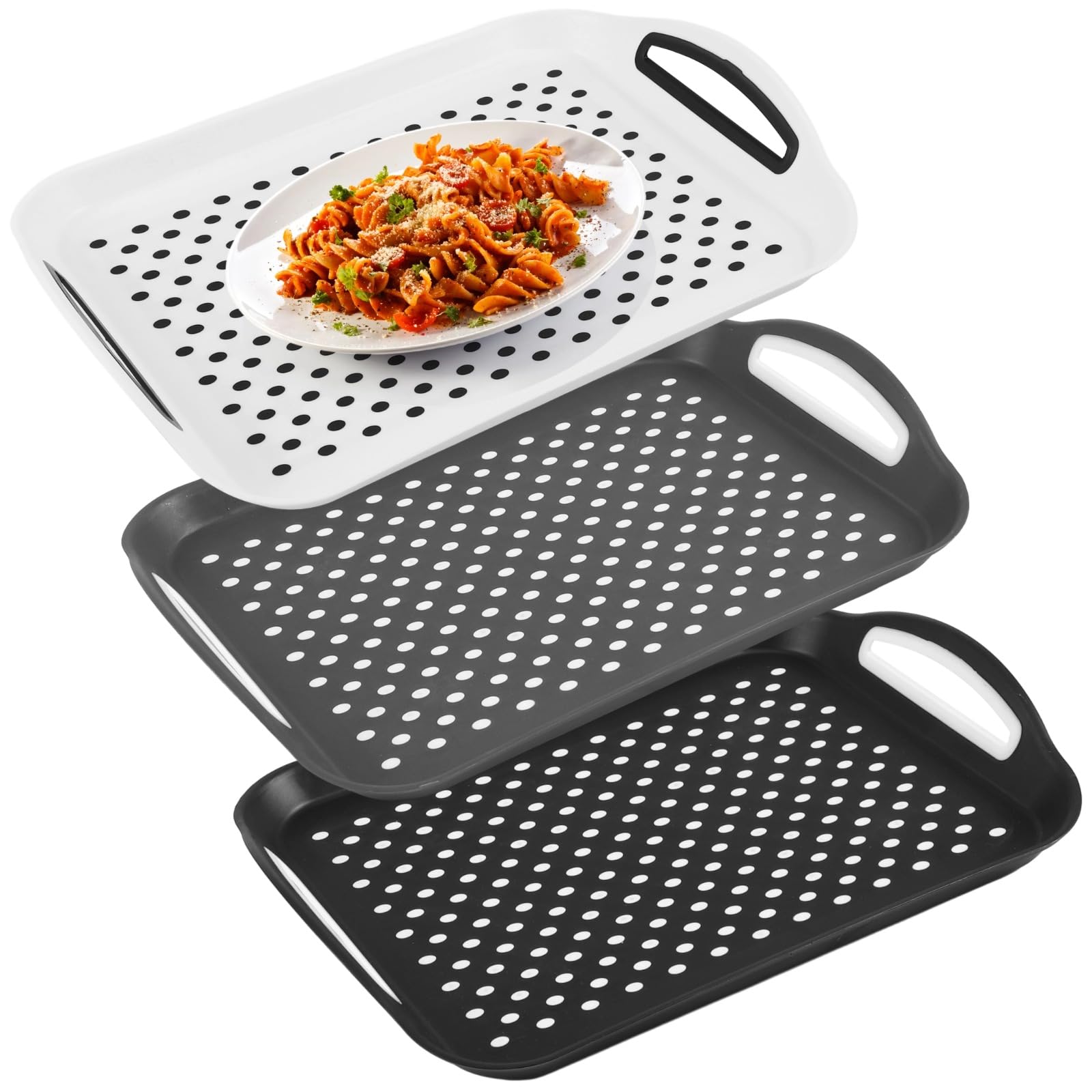 3 STK. Serviertabletts rutschfest mit Griffen, 40 x 28,5 cm rechteckiges Kunststoff-Tablett Set, farblich sortierte Speisentabletts für Essen, Restaurant, Hotel und Gastronomie, stapelbar und stabil